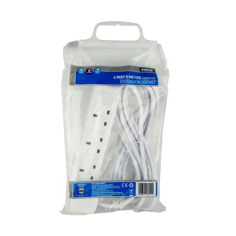 Status 4 Way Extension Socket - 5 Meter Long White