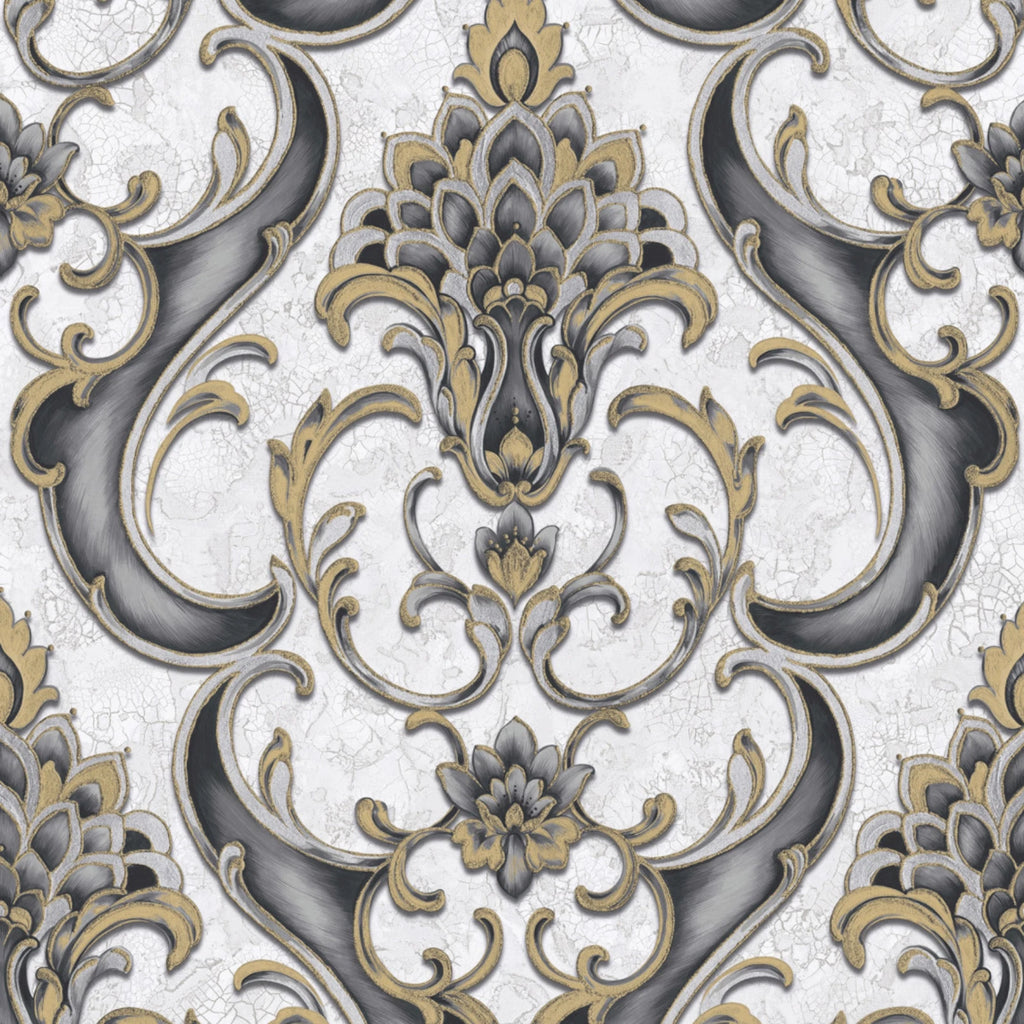 Vasari Sonata Black & Gold Damask Heavyweight Luxury Wallpaper 539783