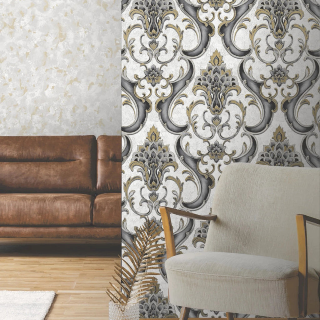 Vasari Sonata Black & Gold Damask Heavyweight Luxury Wallpaper 539783