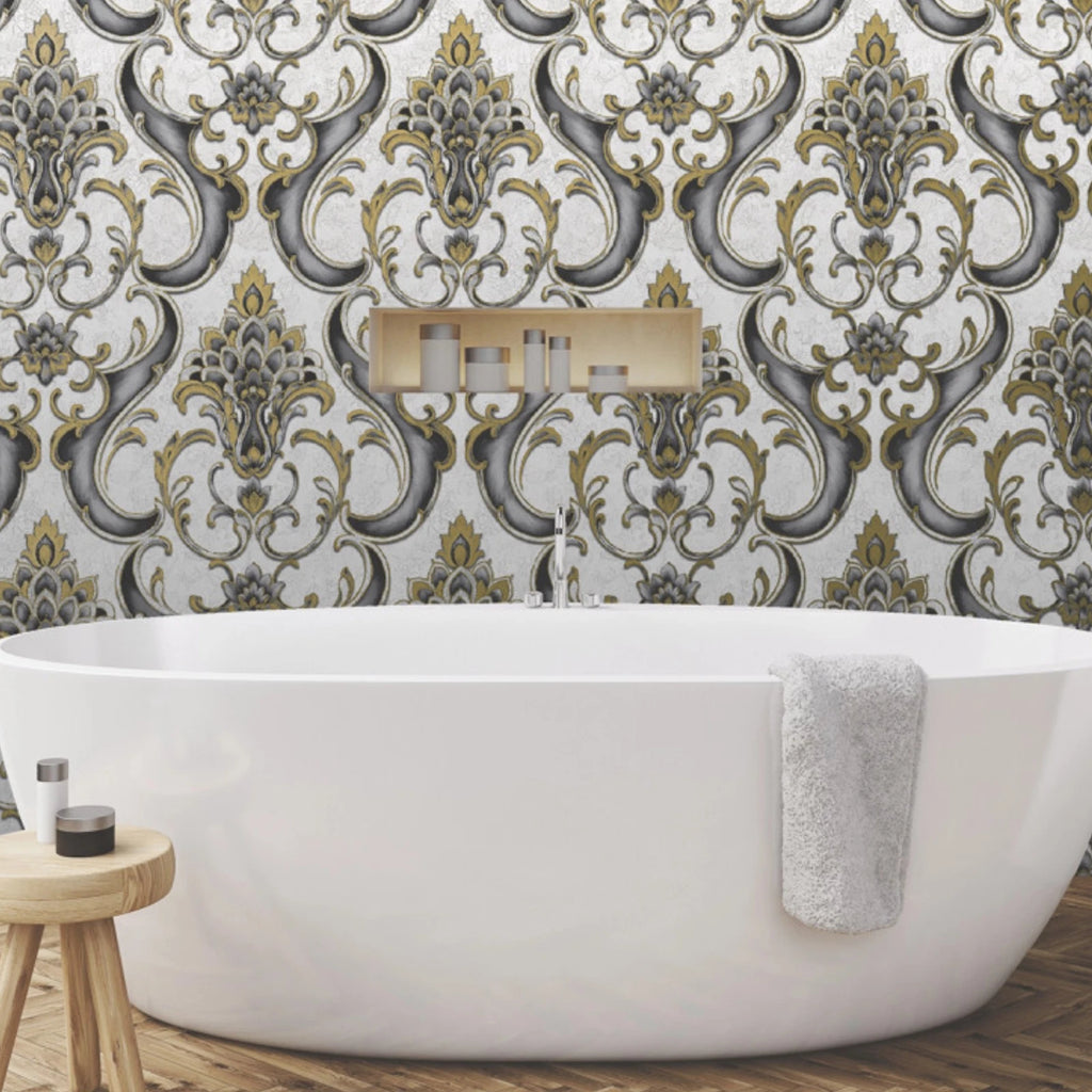 Vasari Sonata Black & Gold Damask Heavyweight Luxury Wallpaper 539783
