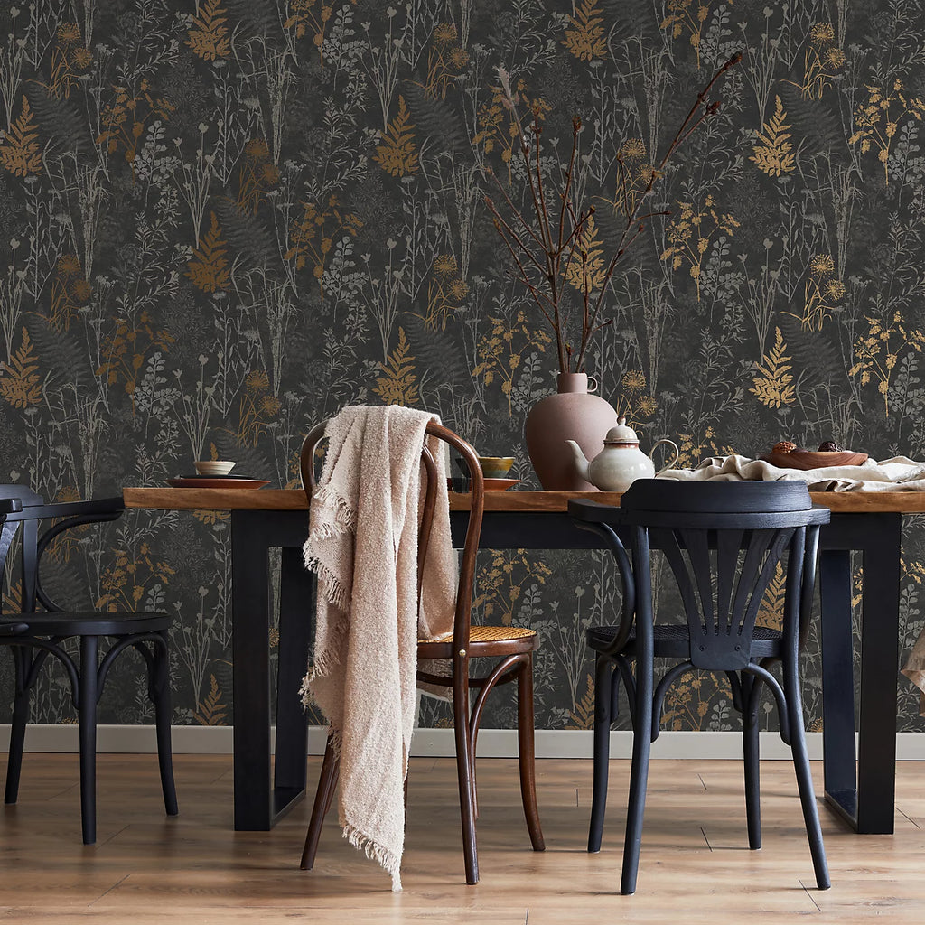 Graham & Brown Organics Black & Copper Floral Wallpaper 120718