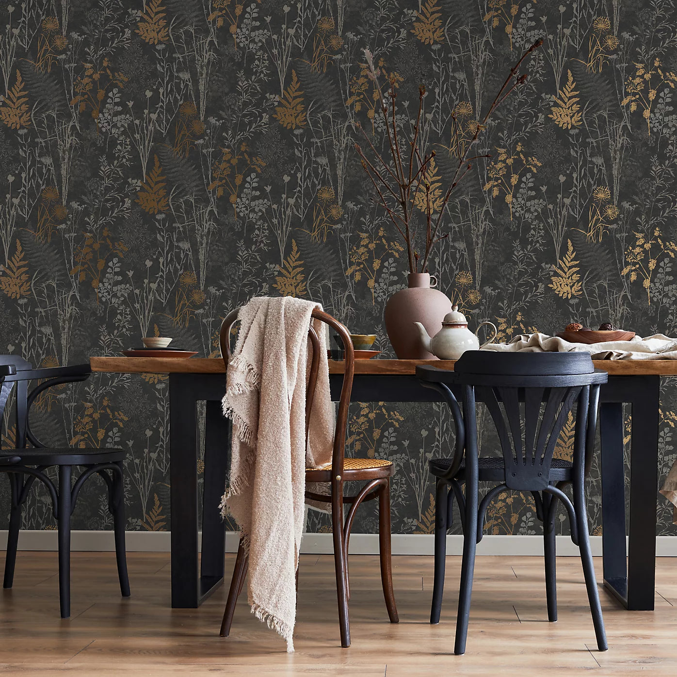Graham & Brown Organics Black & Copper Floral Wallpaper 120718