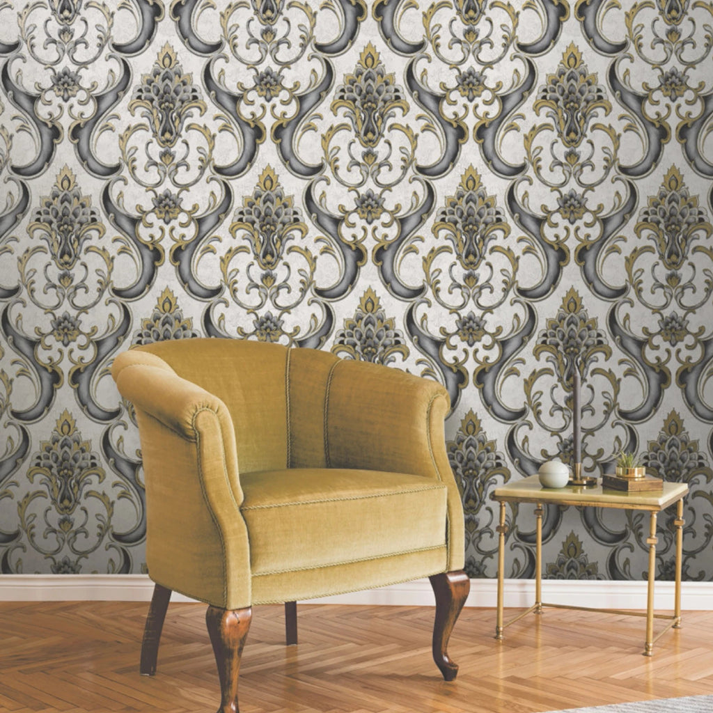 Vasari Sonata Black & Gold Damask Heavyweight Luxury Wallpaper 539783