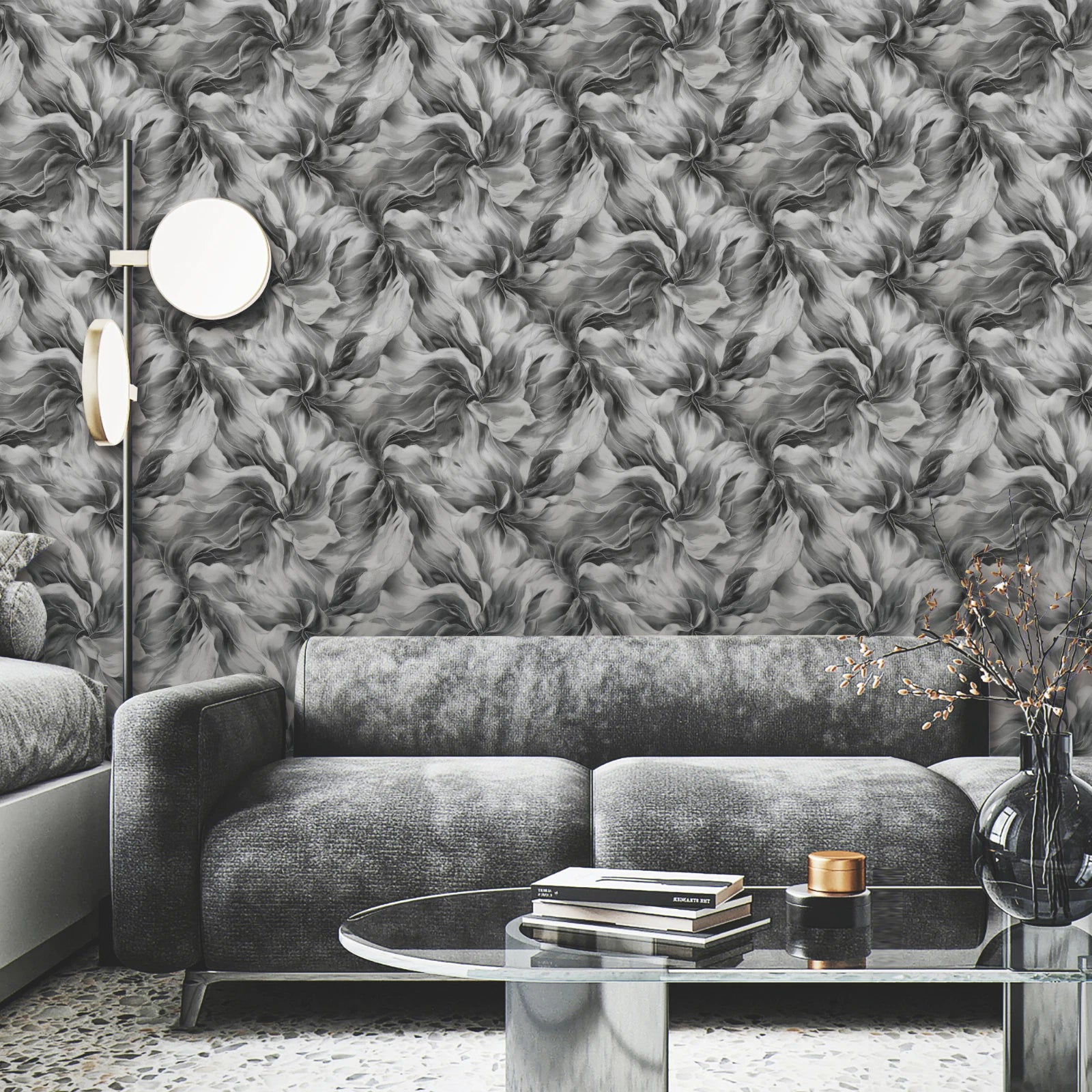 Sartoria Charcoal Grey Serenity Glitter Sparkle Floral Wallpaper 7863