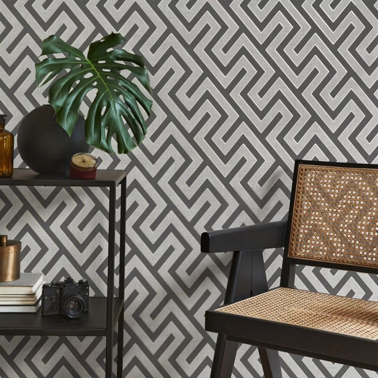 Larson Geometric Metallic Charcoal Grey Modern Wallpaper FD43069