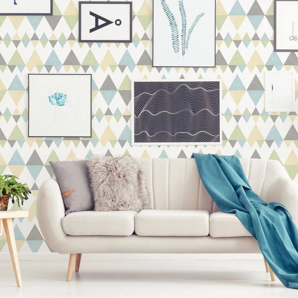 A Street Folklore Blue Grey Yellow Triangles Geometric Wallpaper FD25130