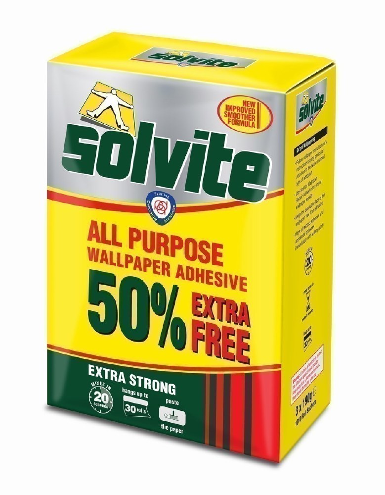 Solvite Wallpaper Adhesive Paste Hangs Up To 30 Rolls Quick Mix 3 x 185g Sachets