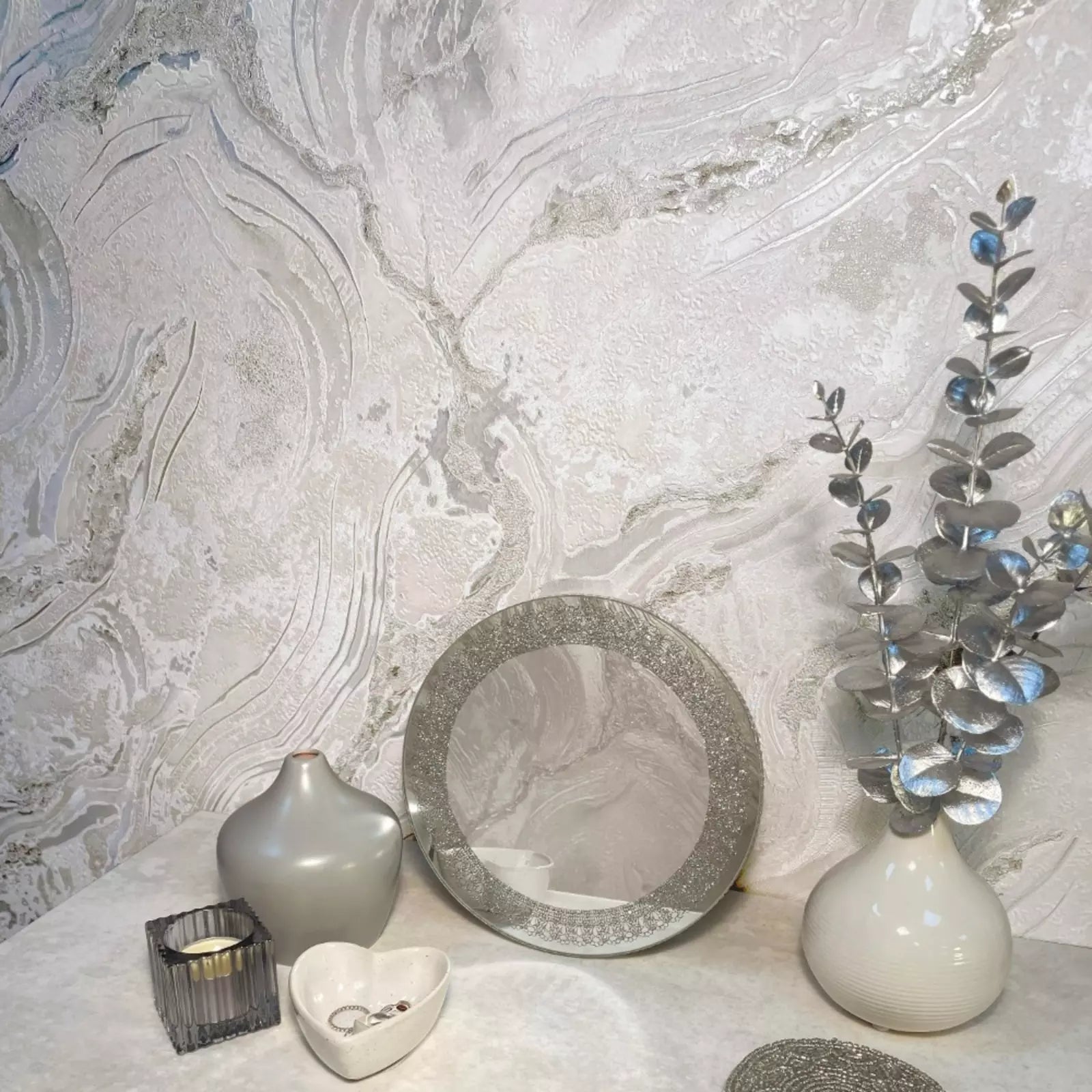 Vasari Palmetto Agate Marble Stone Grey Silver Italian Luxury Wallpaper 529463