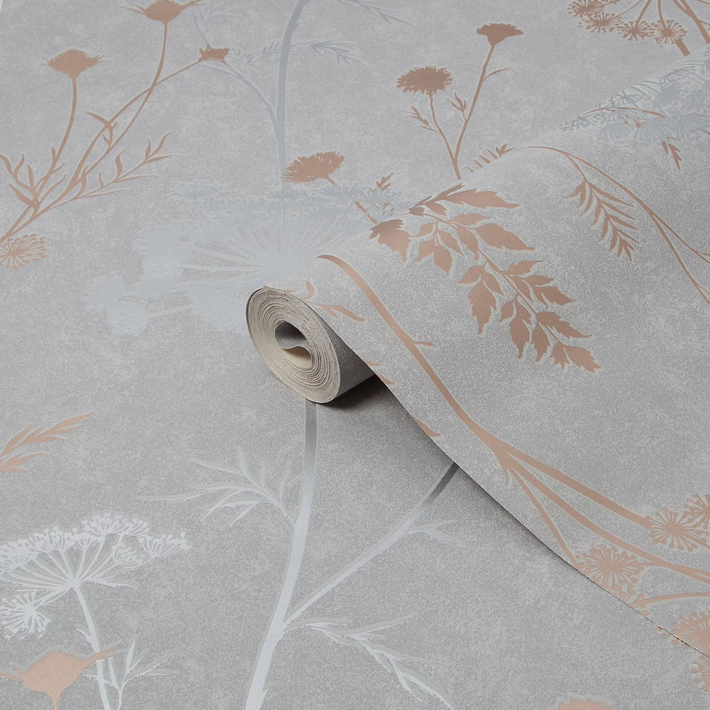 Superfresco Grey & Rose Gold Cow Parsley Floral Wallpaper 107460