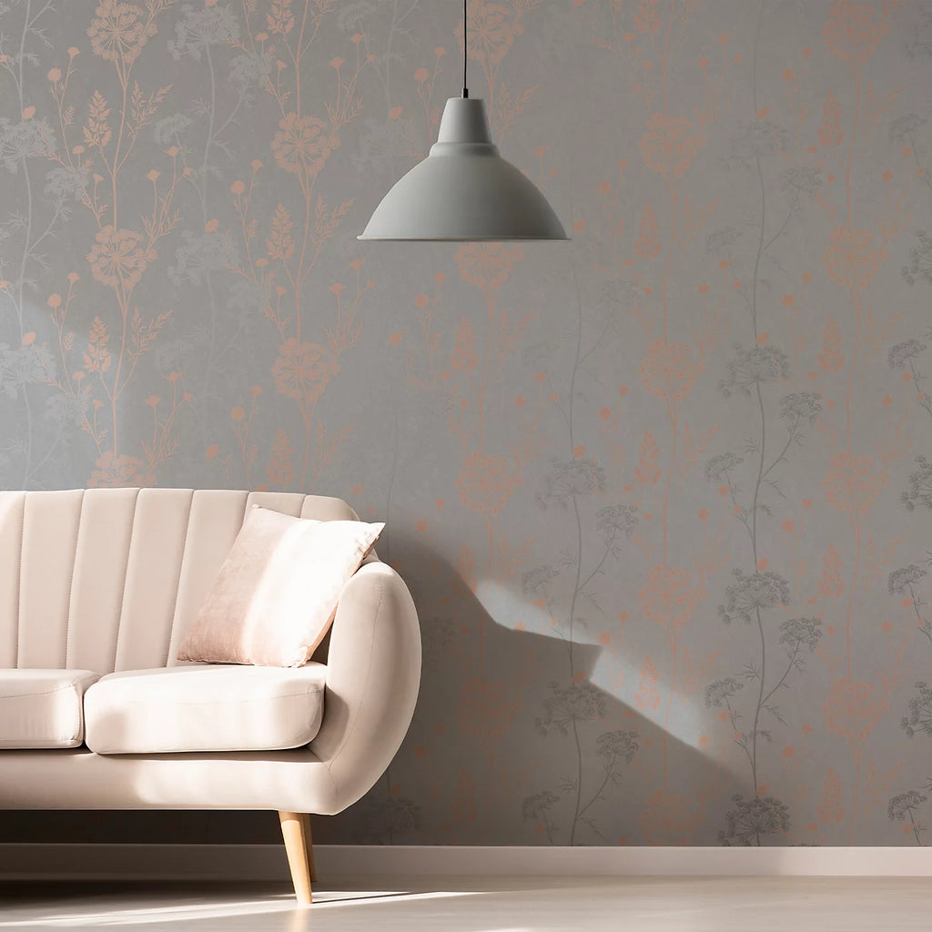 Superfresco Grey & Rose Gold Cow Parsley Floral Wallpaper 107460