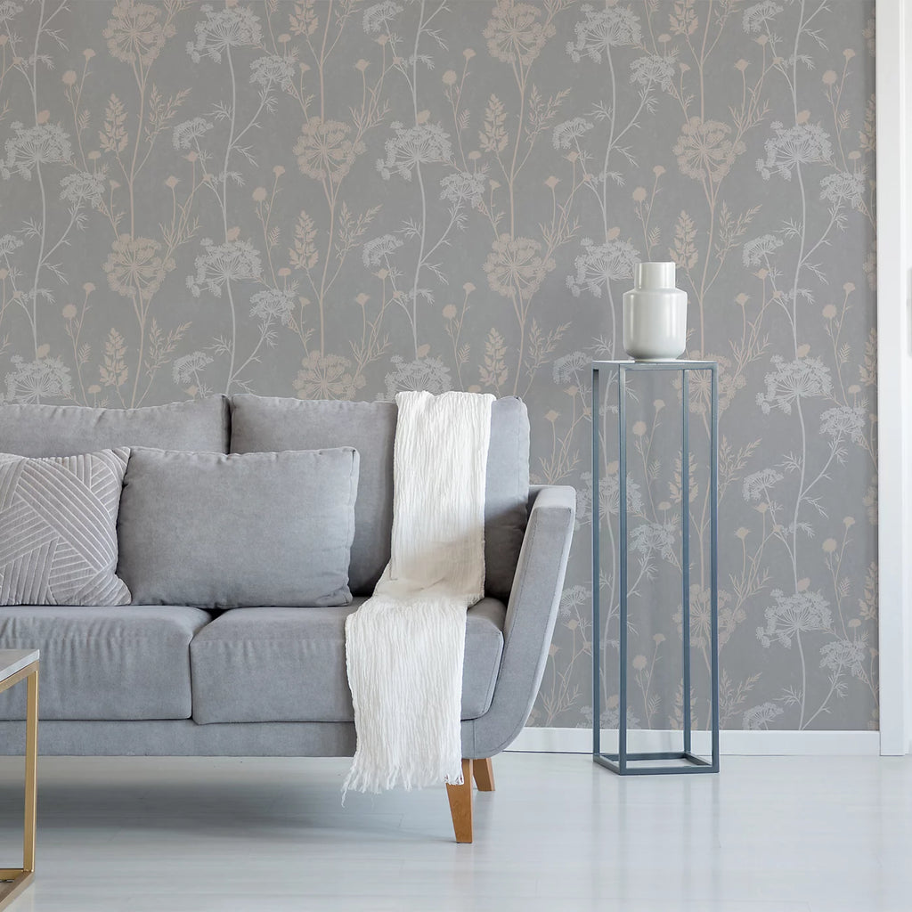 Superfresco Grey & Rose Gold Cow Parsley Floral Wallpaper 107460