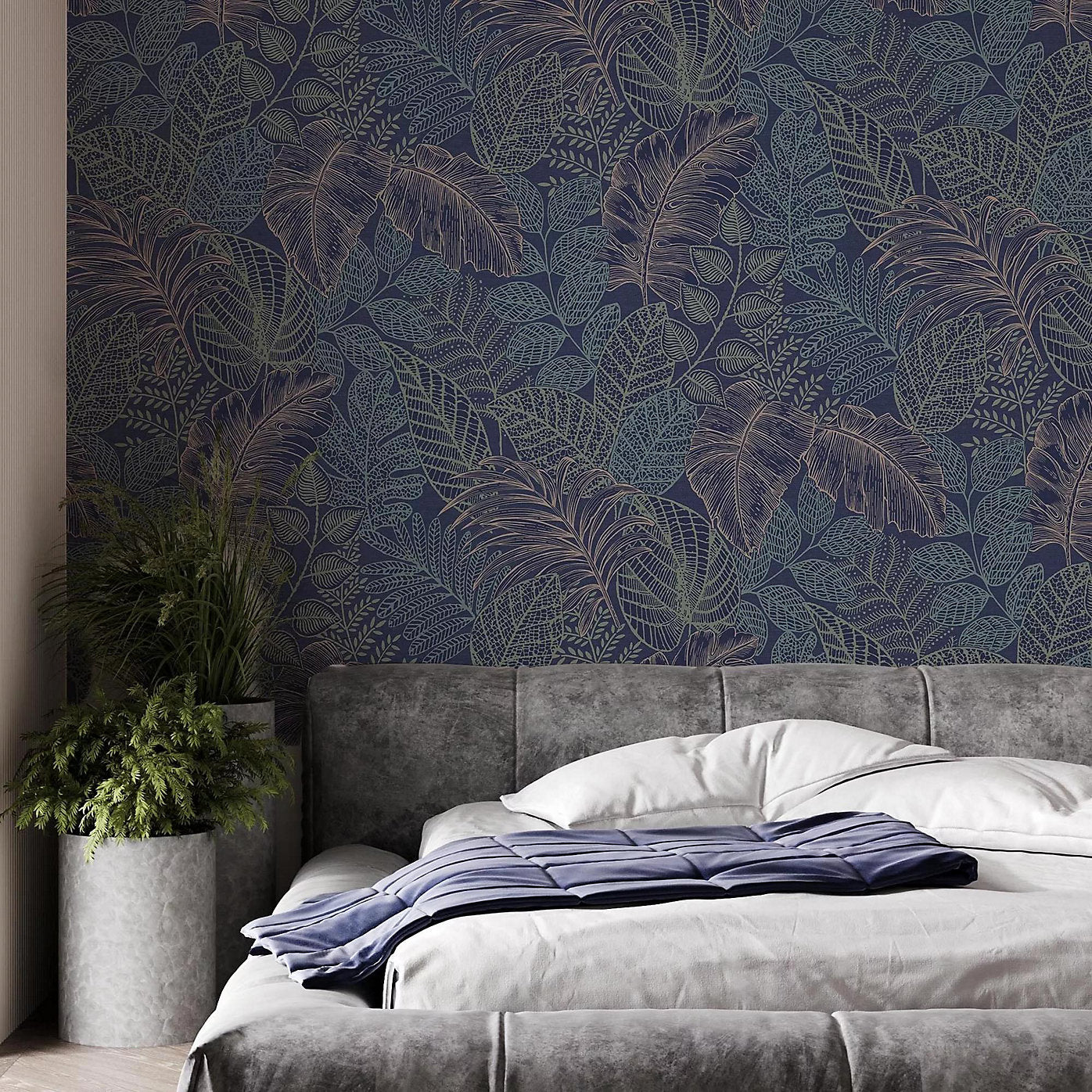 Graham & Brown Scattered Leaves Blue & Copper Wallpaper 122422