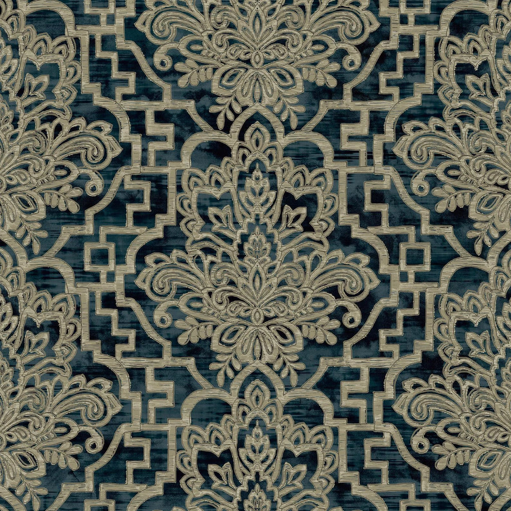Grandeco Damask Trellis Teal Green & Gold Luxury Metallic Wallpaper 186901