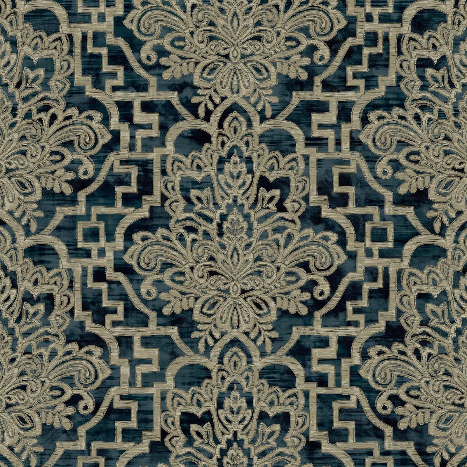 Grandeco Damask Trellis Teal Green & Gold Luxury Metallic Wallpaper 186901