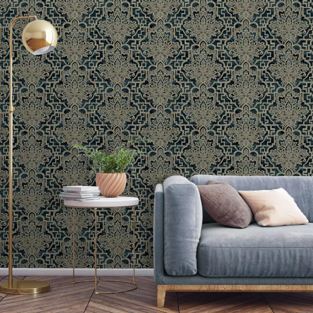 Grandeco Damask Trellis Teal Green & Gold Luxury Metallic Wallpaper 186901