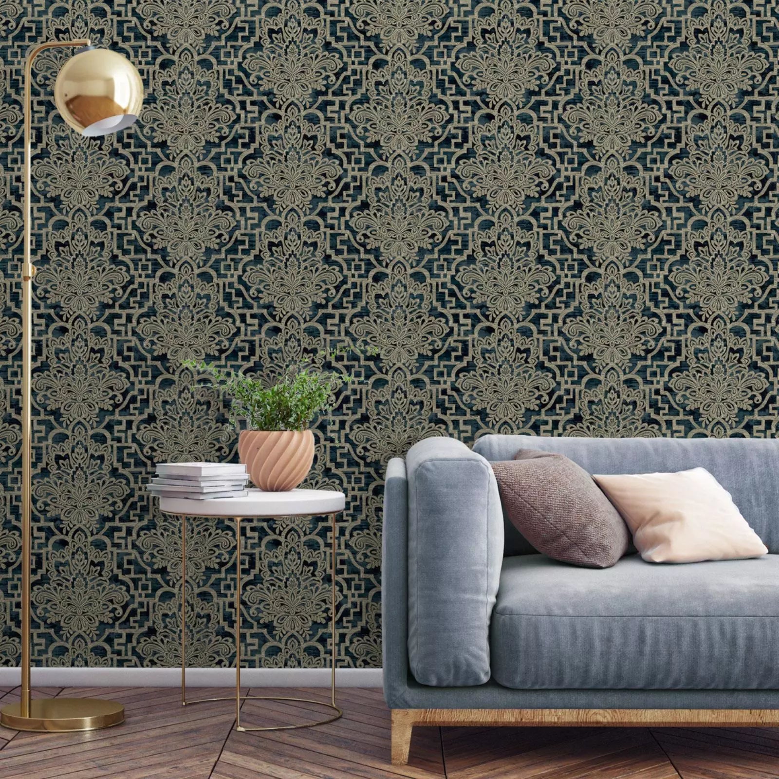 Grandeco Damask Trellis Teal Green & Gold Luxury Metallic Wallpaper 186901